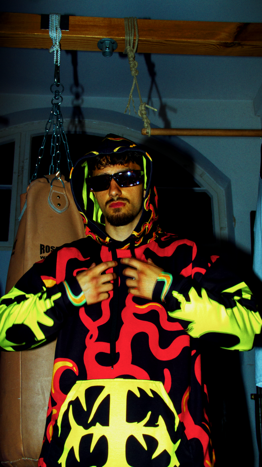 All-over print unisex hoodie with double-lined hood and fleece lining – Tamaro Tigro TurboFyre Hoodie