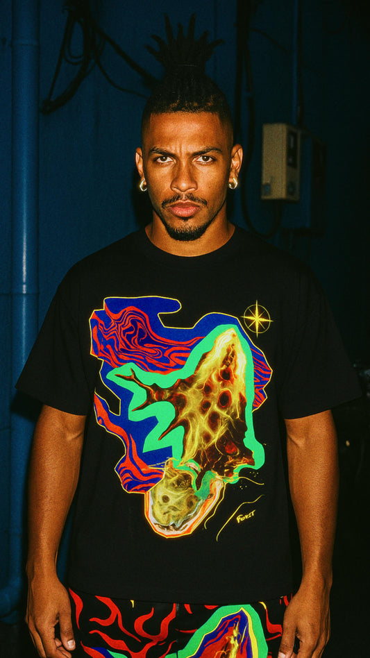 Black oversized t-shirt with bold design, drop shoulders, and heavyweight cotton – Tamaro Tigro PearlRush Tee