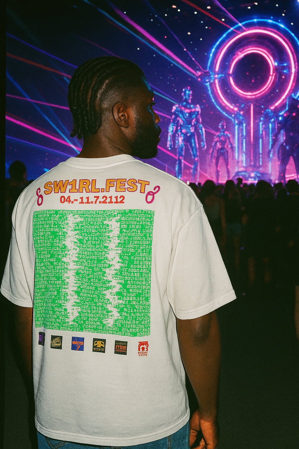 White oversized t-shirt with Sw1rlFest festival lineup print on the back – Tamaro Tigro Sw1rlFest Tee