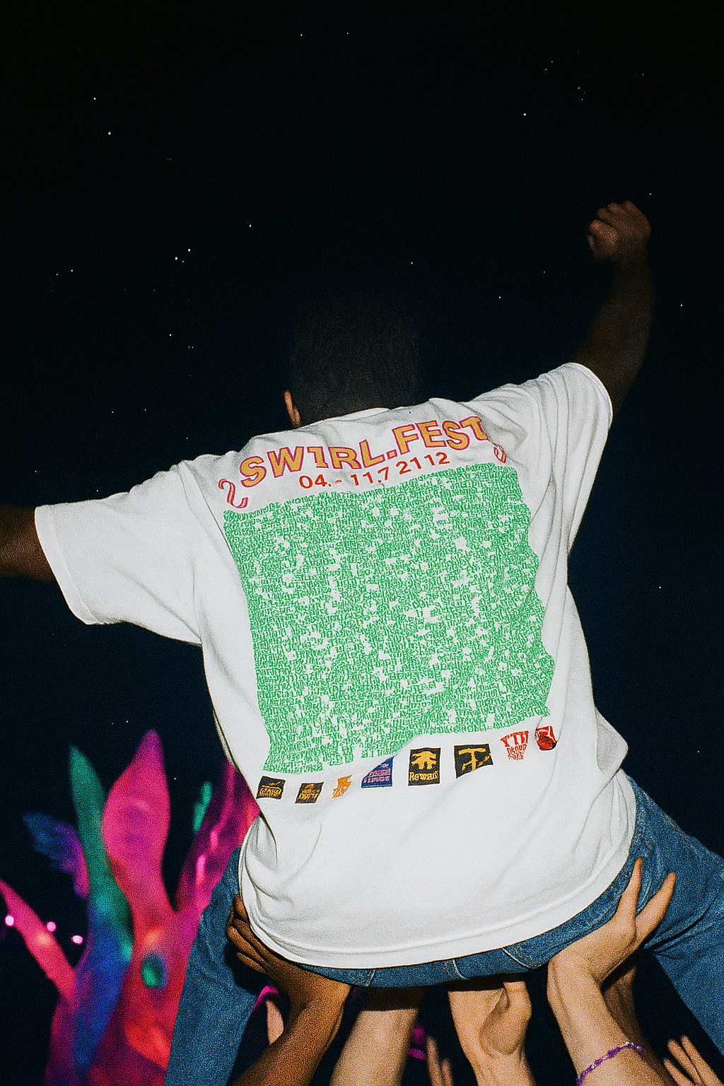 White oversized t-shirt with Sw1rlFest festival lineup print on the back – Tamaro Tigro Sw1rlFest Tee