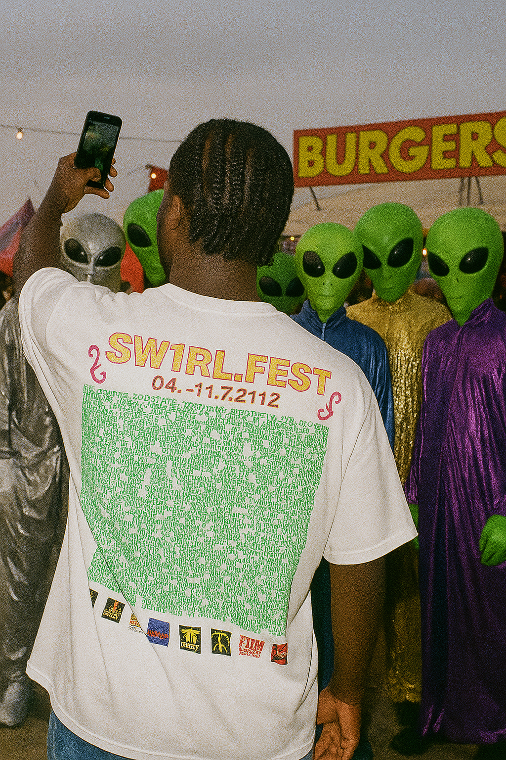 White oversized t-shirt with Sw1rlFest festival lineup print on the back – Tamaro Tigro Sw1rlFest Tee