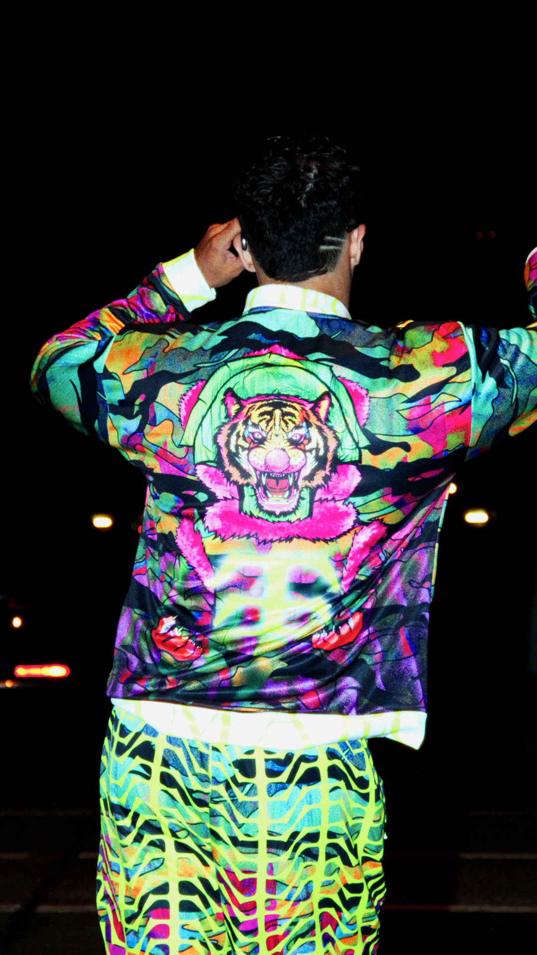 Black trackpants with mesh lining, cuffed ankles, and zip pockets – Tamaro Tigro TigroCore Trackpants and Graphic print tracksuit jacket with fleece lining and front zipper – Tamaro Tigro TigroCore Jacket