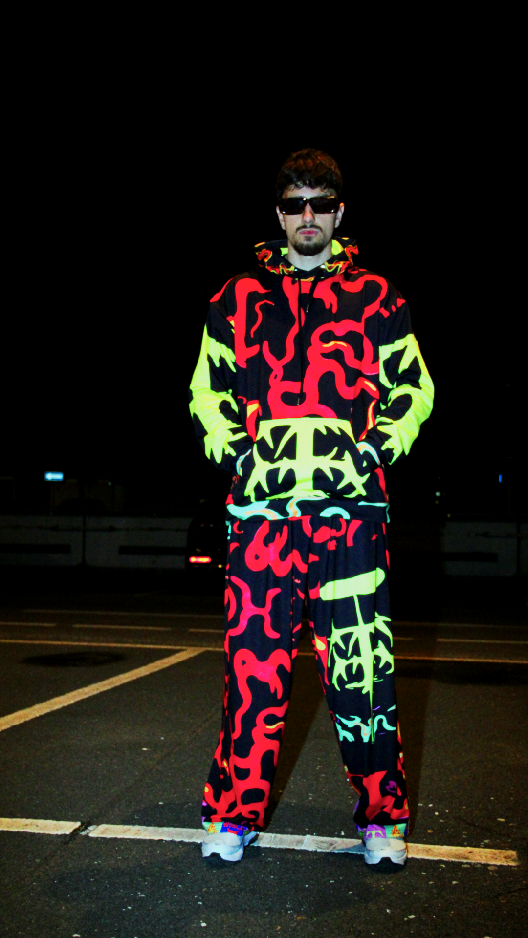 All-over print unisex hoodie with double-lined hood and fleece lining – Tamaro Tigro TurboFyre Hoodie and TurboFyre Wide-leg pants

