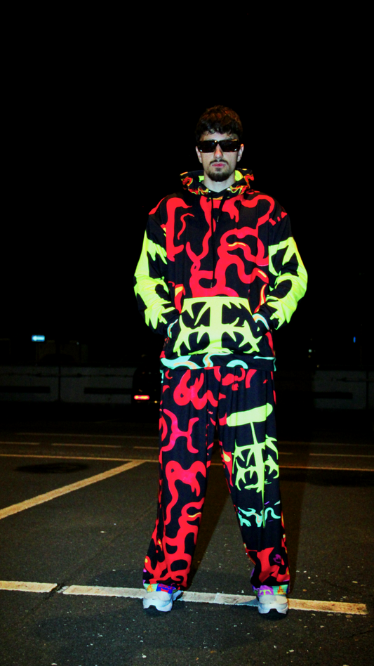 All-over print unisex hoodie with double-lined hood and fleece lining – Tamaro Tigro TurboFyre Hoodie and TurboFyre Wide-leg pants

